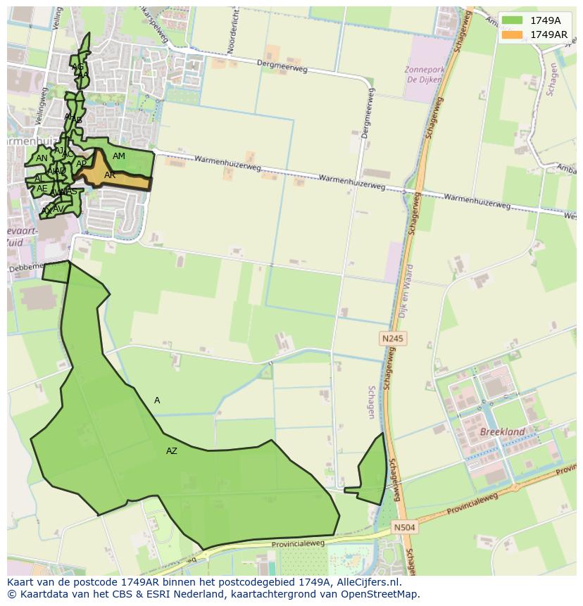 Afbeelding van het postcodegebied 1749 AR op de kaart.