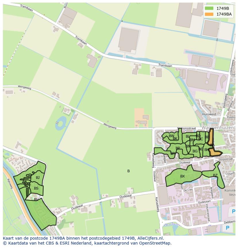 Afbeelding van het postcodegebied 1749 BA op de kaart.