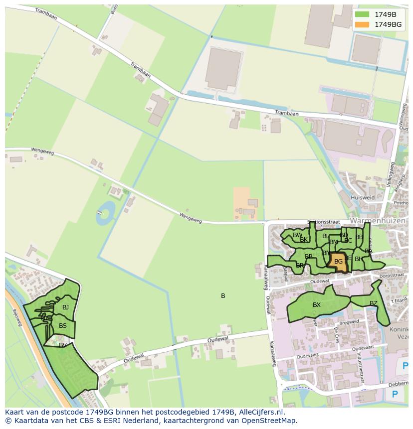 Afbeelding van het postcodegebied 1749 BG op de kaart.