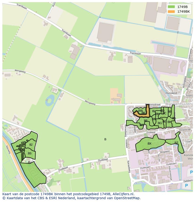 Afbeelding van het postcodegebied 1749 BK op de kaart.
