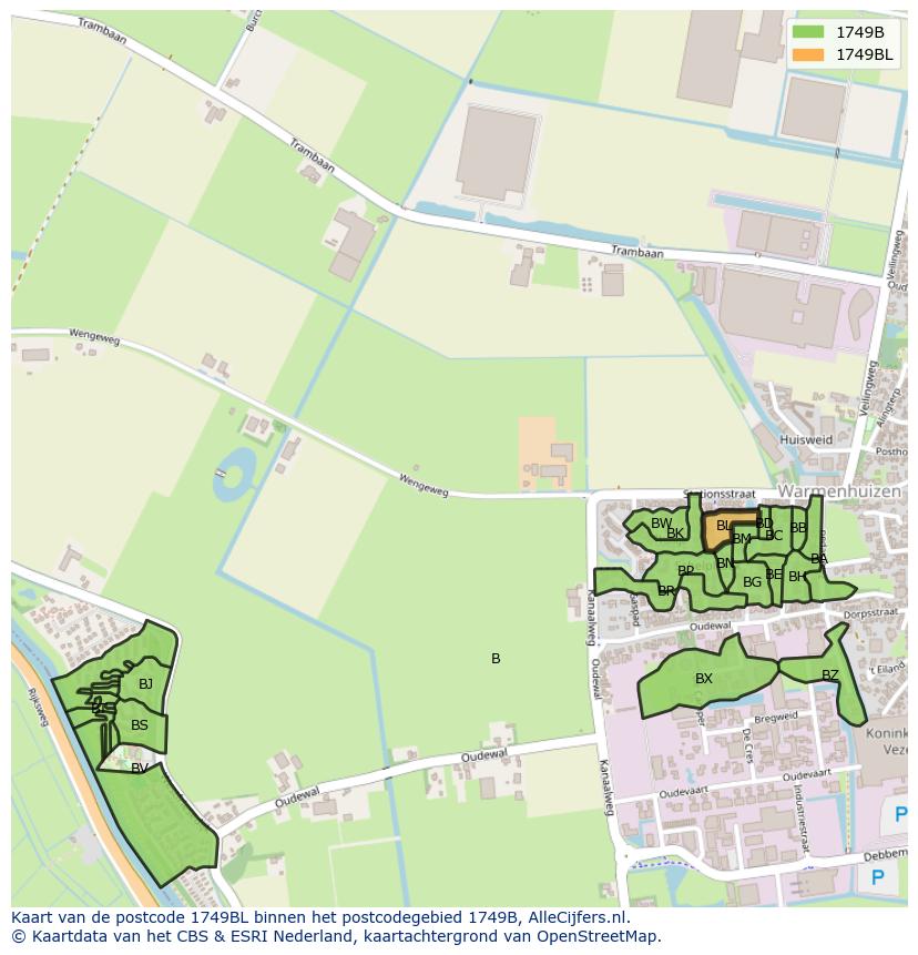 Afbeelding van het postcodegebied 1749 BL op de kaart.