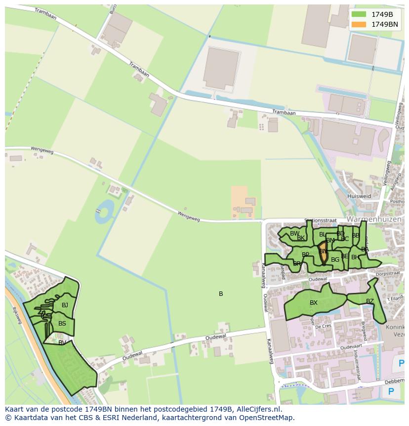 Afbeelding van het postcodegebied 1749 BN op de kaart.