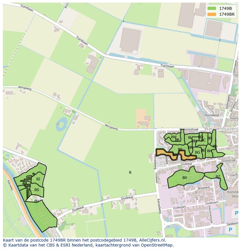Afbeelding van het postcodegebied 1749 BR op de kaart.