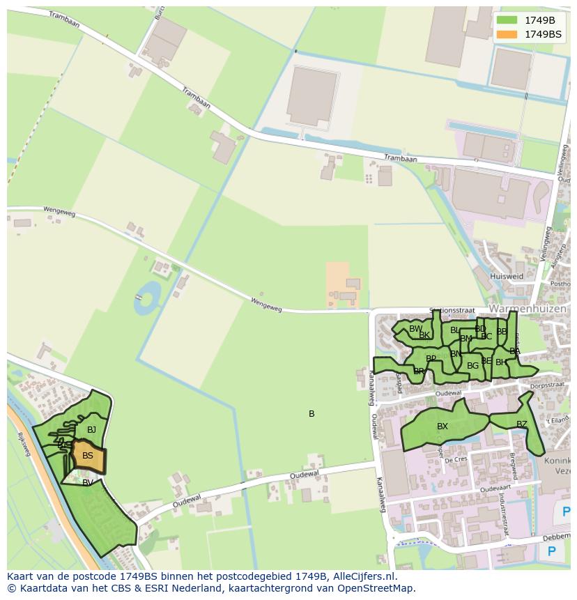Afbeelding van het postcodegebied 1749 BS op de kaart.