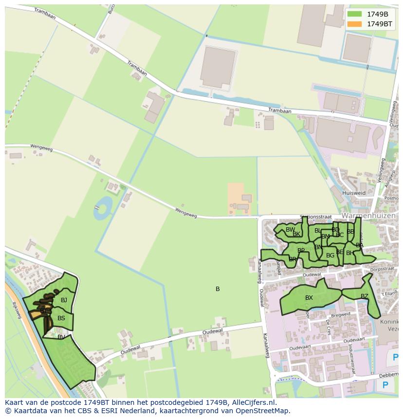 Afbeelding van het postcodegebied 1749 BT op de kaart.