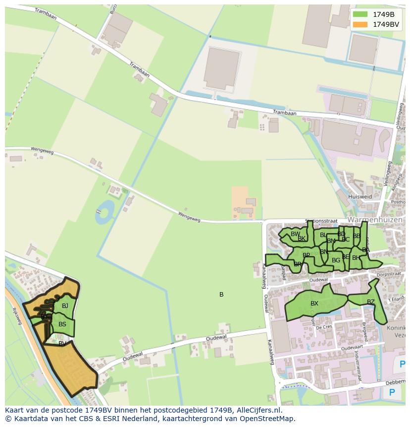 Afbeelding van het postcodegebied 1749 BV op de kaart.