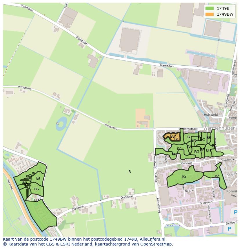 Afbeelding van het postcodegebied 1749 BW op de kaart.