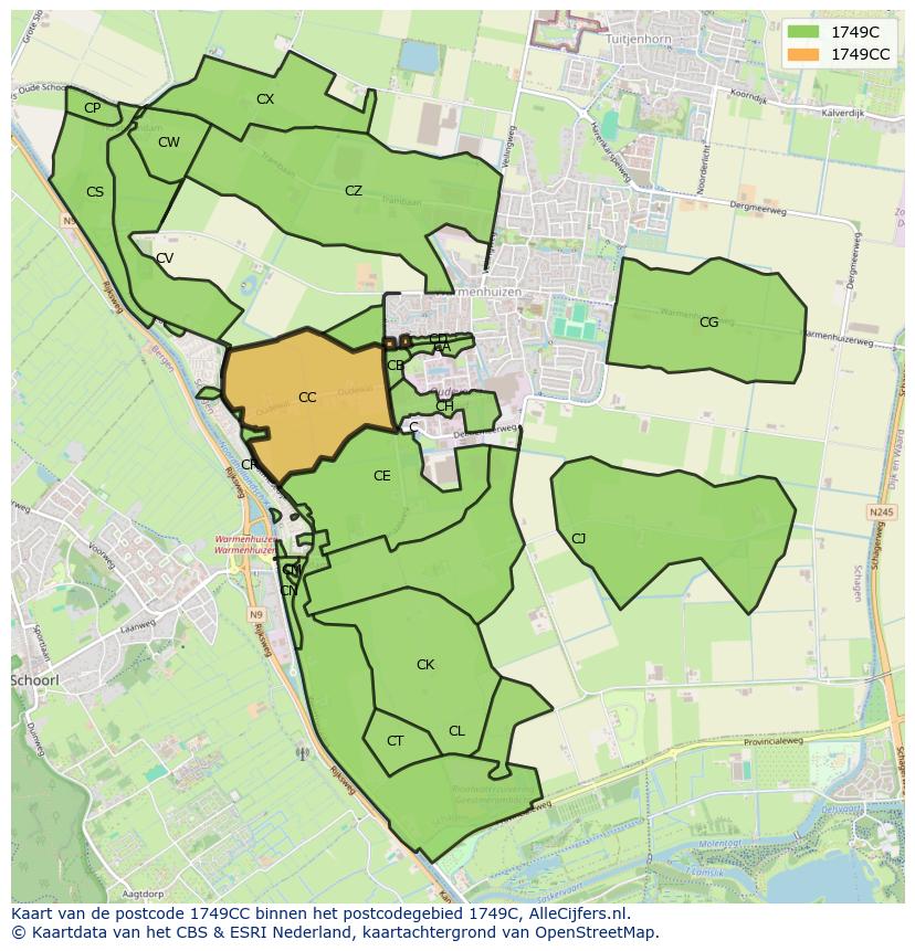 Afbeelding van het postcodegebied 1749 CC op de kaart.