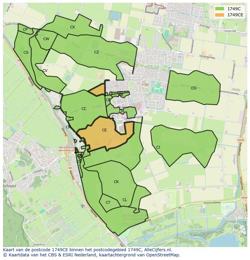 Afbeelding van het postcodegebied 1749 CE op de kaart.