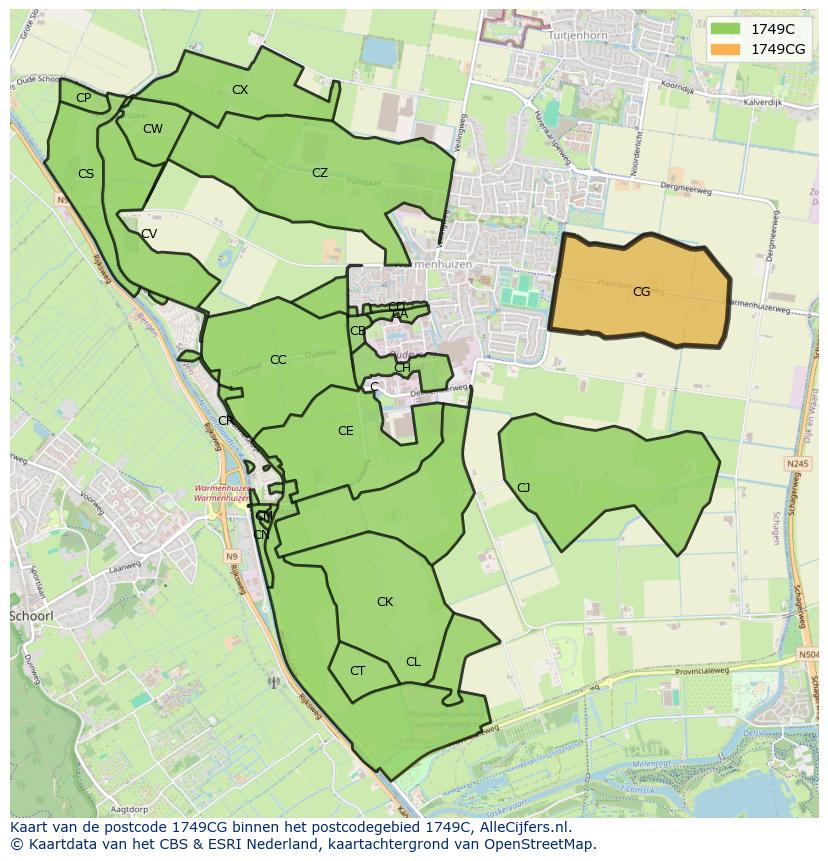 Afbeelding van het postcodegebied 1749 CG op de kaart.
