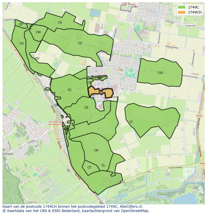 Afbeelding van het postcodegebied 1749 CH op de kaart.