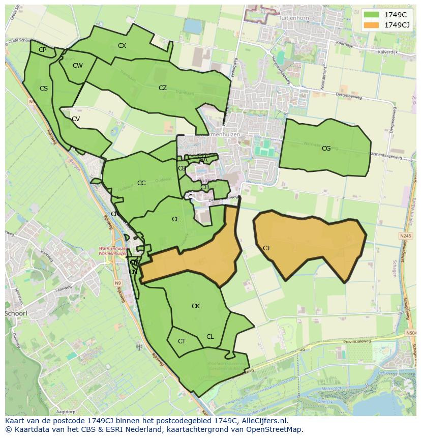 Afbeelding van het postcodegebied 1749 CJ op de kaart.