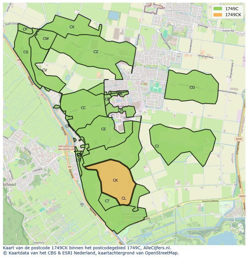 Afbeelding van het postcodegebied 1749 CK op de kaart.