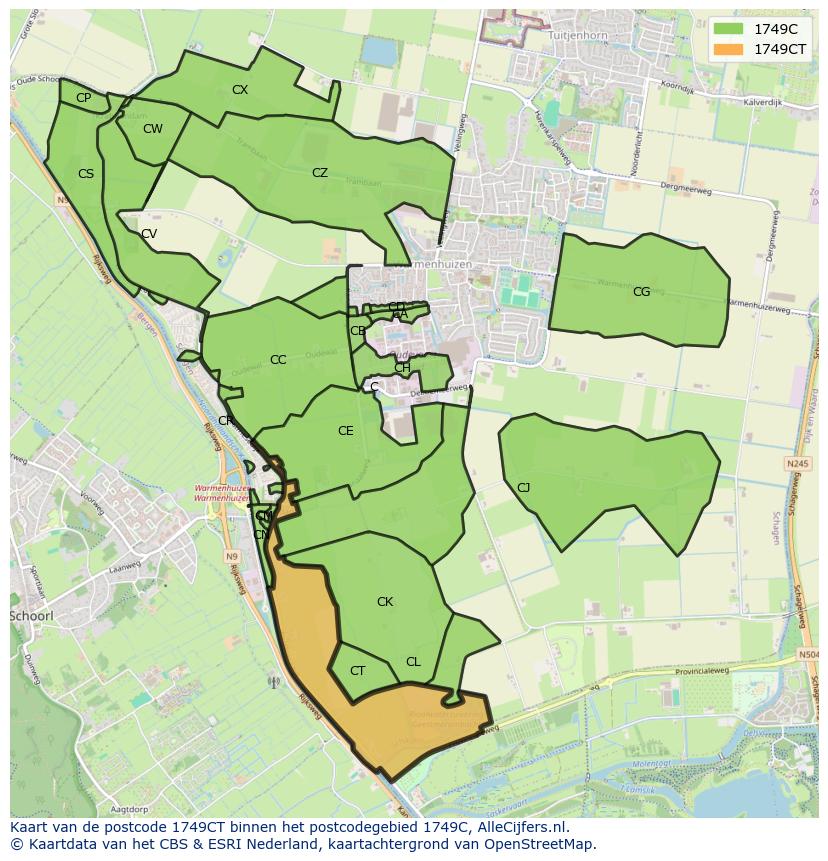 Afbeelding van het postcodegebied 1749 CT op de kaart.