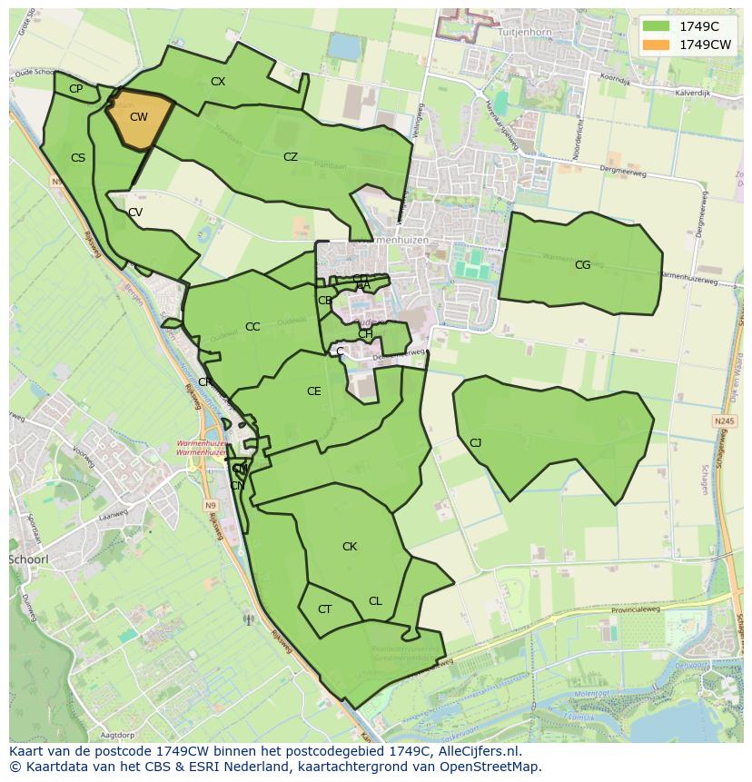 Afbeelding van het postcodegebied 1749 CW op de kaart.