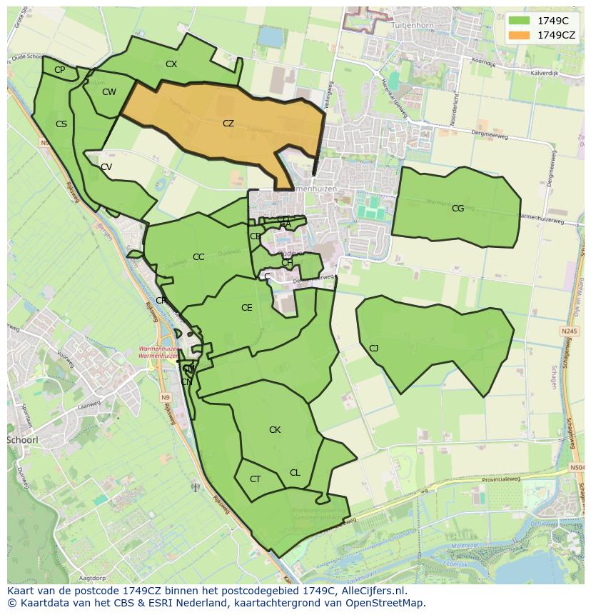 Afbeelding van het postcodegebied 1749 CZ op de kaart.