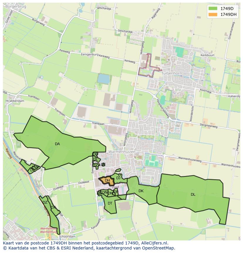 Afbeelding van het postcodegebied 1749 DH op de kaart.