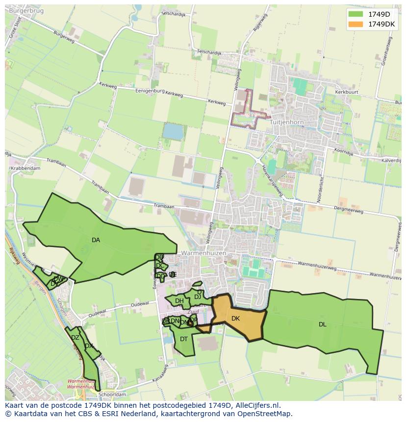 Afbeelding van het postcodegebied 1749 DK op de kaart.