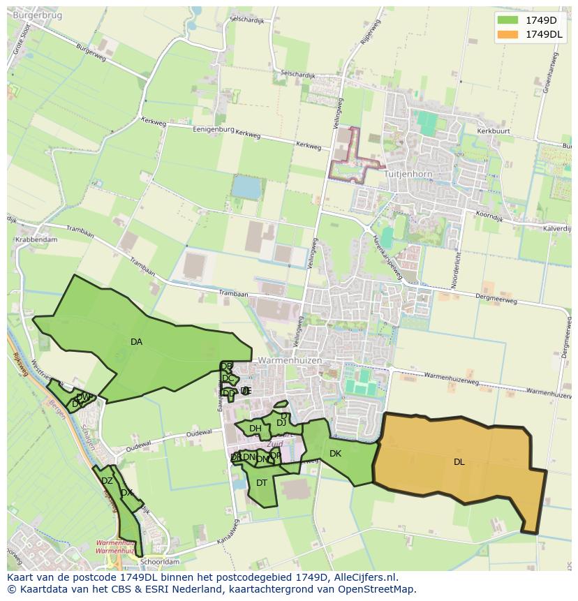 Afbeelding van het postcodegebied 1749 DL op de kaart.