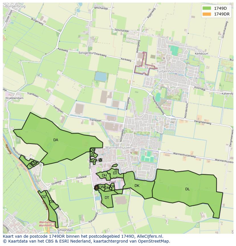 Afbeelding van het postcodegebied 1749 DR op de kaart.
