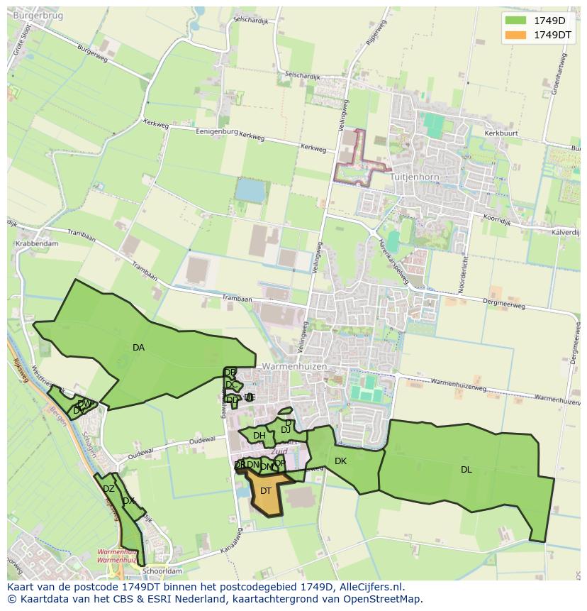 Afbeelding van het postcodegebied 1749 DT op de kaart.