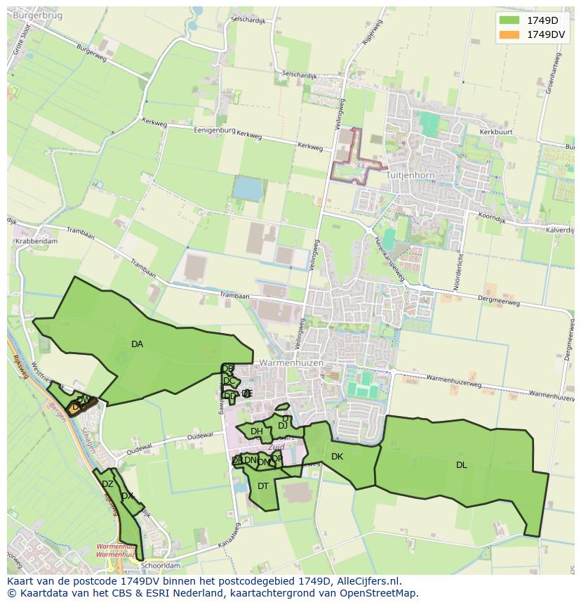 Afbeelding van het postcodegebied 1749 DV op de kaart.