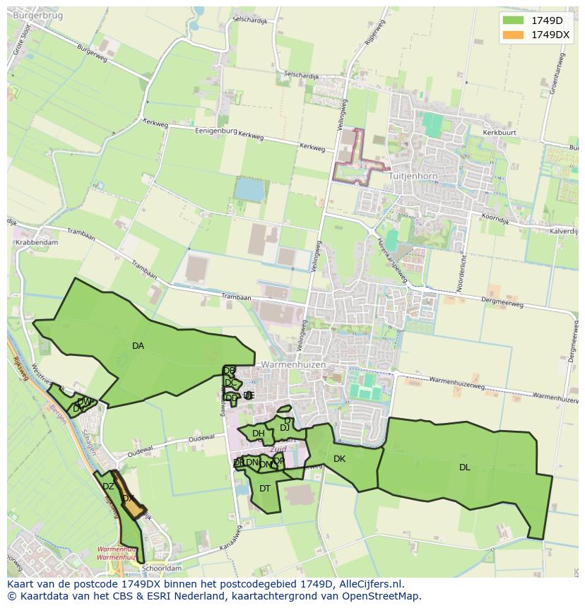 Afbeelding van het postcodegebied 1749 DX op de kaart.