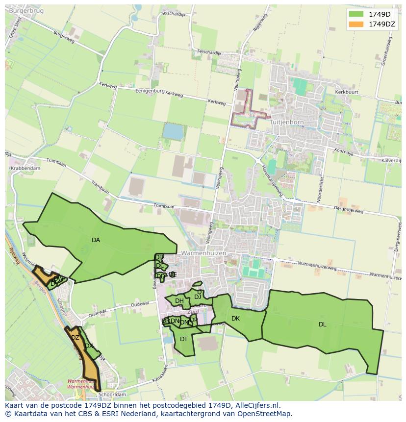 Afbeelding van het postcodegebied 1749 DZ op de kaart.