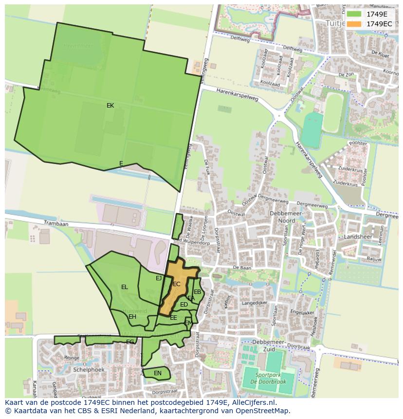 Afbeelding van het postcodegebied 1749 EC op de kaart.