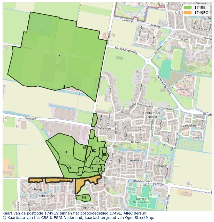 Afbeelding van het postcodegebied 1749 EG op de kaart.