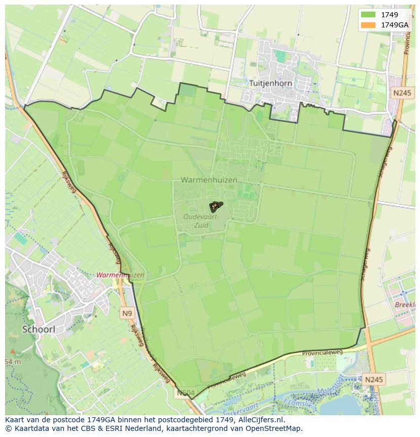 Afbeelding van het postcodegebied 1749 GA op de kaart.