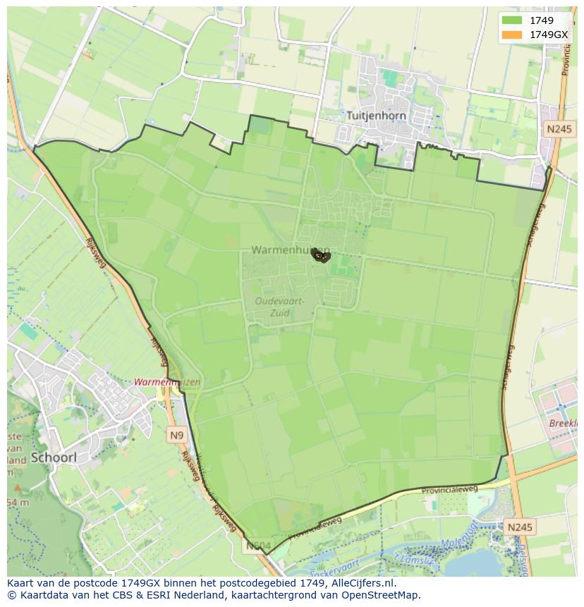 Afbeelding van het postcodegebied 1749 GX op de kaart.