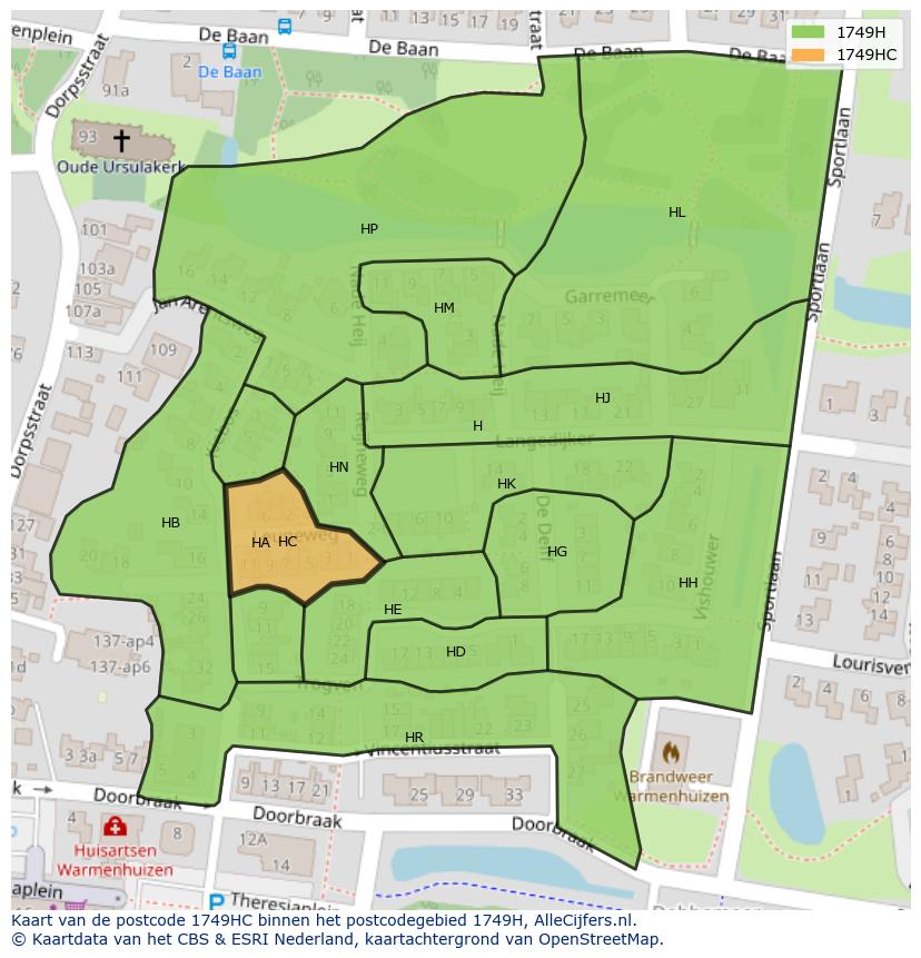 Afbeelding van het postcodegebied 1749 HC op de kaart.
