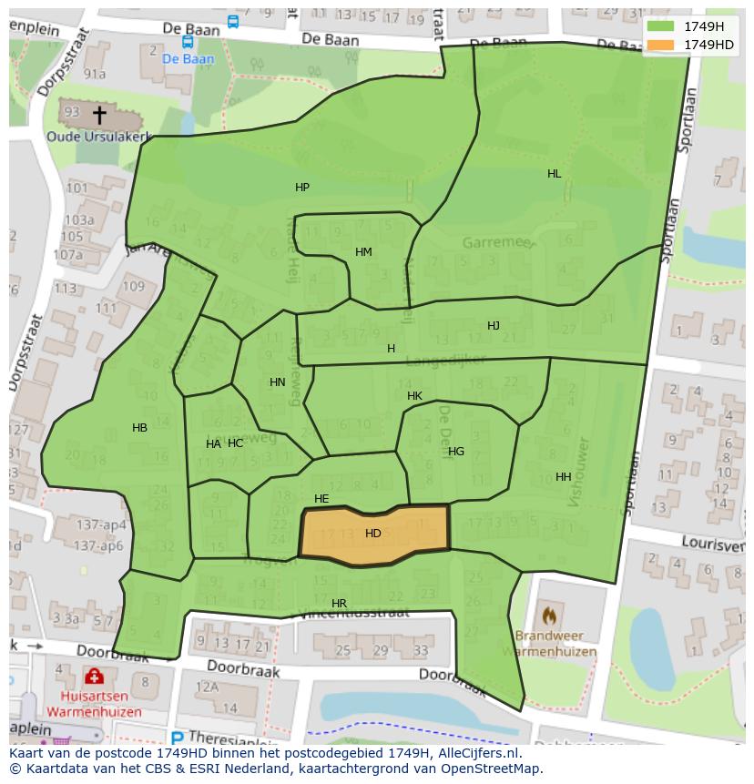 Afbeelding van het postcodegebied 1749 HD op de kaart.