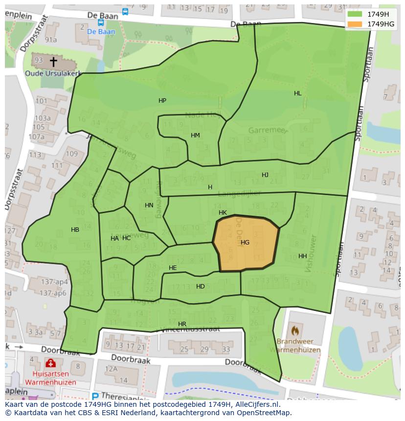 Afbeelding van het postcodegebied 1749 HG op de kaart.