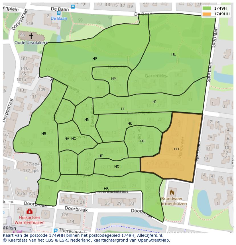 Afbeelding van het postcodegebied 1749 HH op de kaart.
