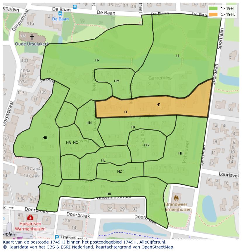 Afbeelding van het postcodegebied 1749 HJ op de kaart.