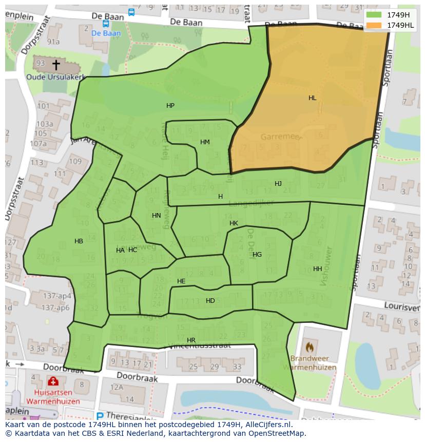 Afbeelding van het postcodegebied 1749 HL op de kaart.