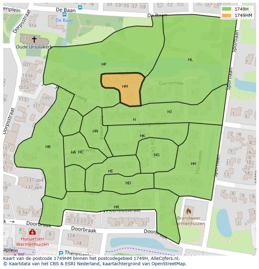 Afbeelding van het postcodegebied 1749 HM op de kaart.