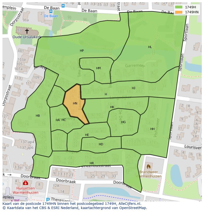Afbeelding van het postcodegebied 1749 HN op de kaart.