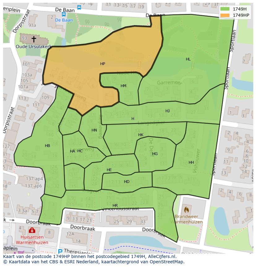 Afbeelding van het postcodegebied 1749 HP op de kaart.