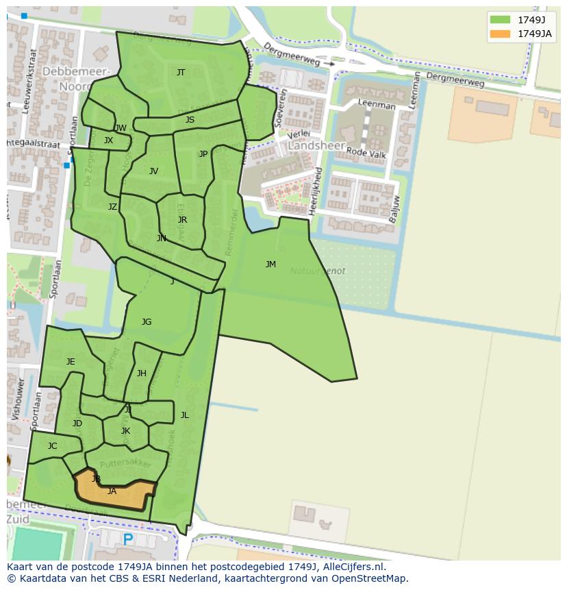 Afbeelding van het postcodegebied 1749 JA op de kaart.