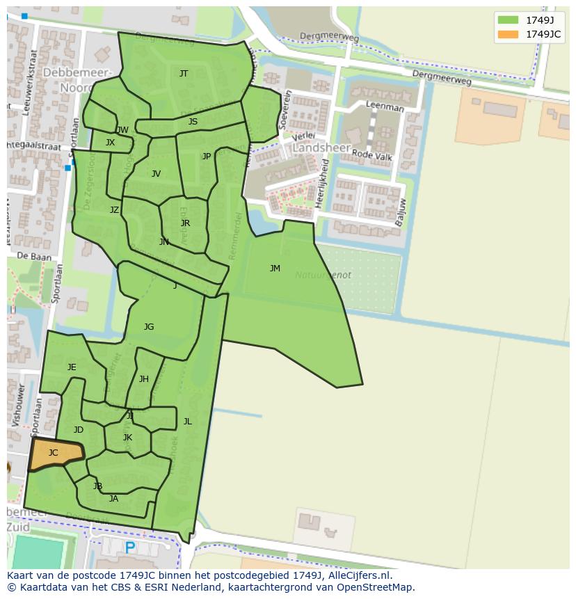 Afbeelding van het postcodegebied 1749 JC op de kaart.