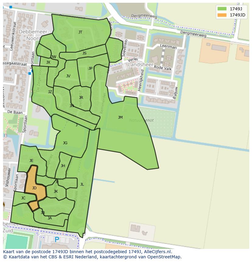 Afbeelding van het postcodegebied 1749 JD op de kaart.