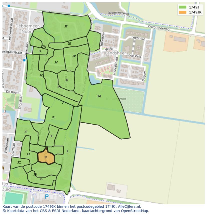 Afbeelding van het postcodegebied 1749 JK op de kaart.