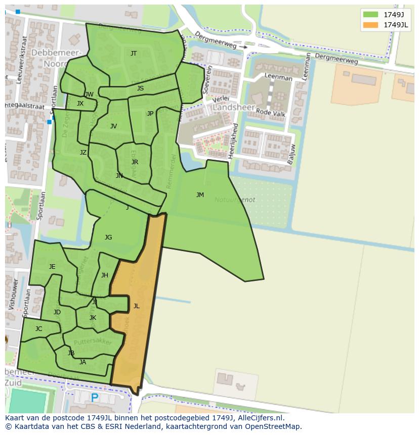 Afbeelding van het postcodegebied 1749 JL op de kaart.