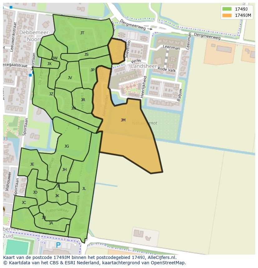 Afbeelding van het postcodegebied 1749 JM op de kaart.