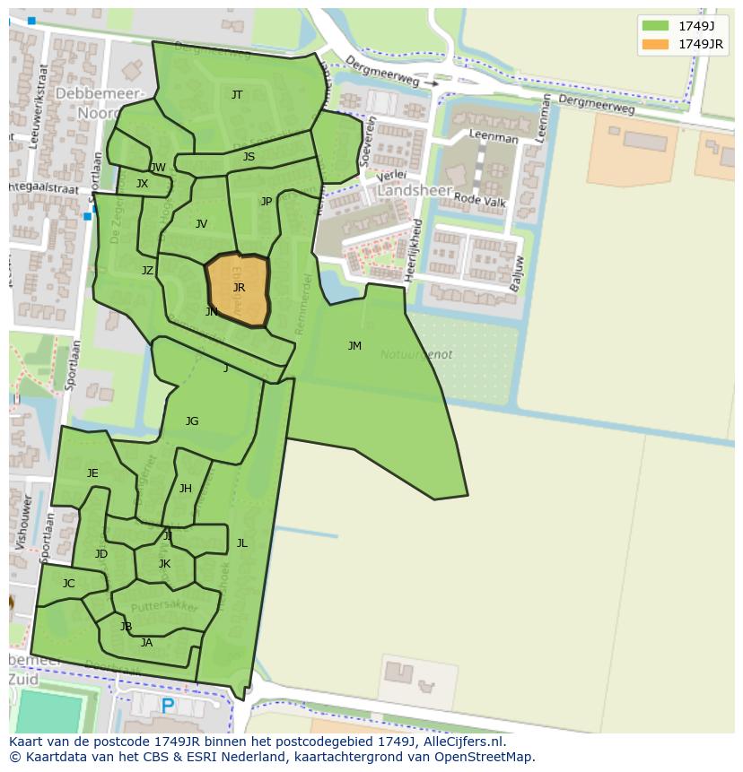 Afbeelding van het postcodegebied 1749 JR op de kaart.