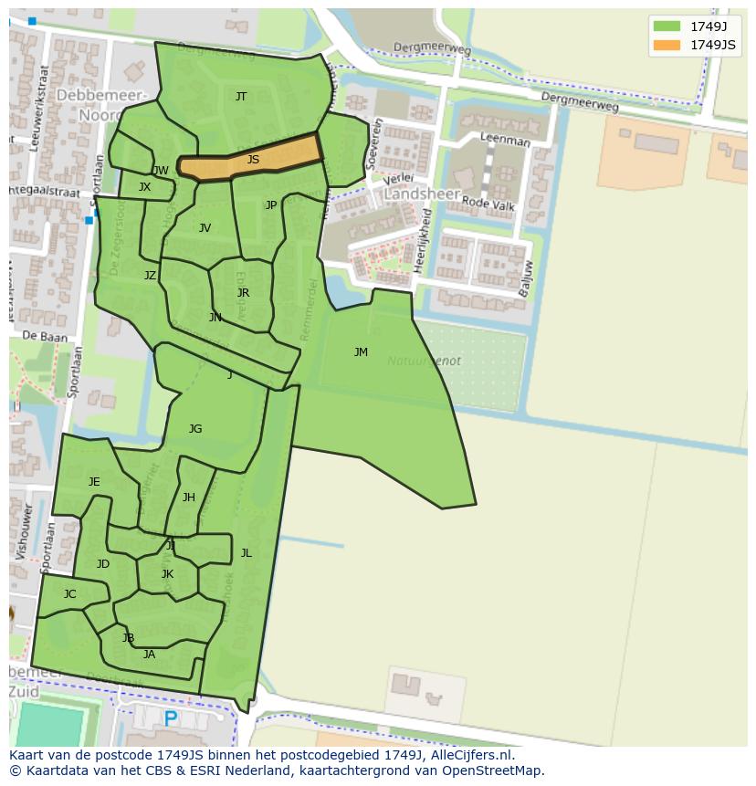 Afbeelding van het postcodegebied 1749 JS op de kaart.