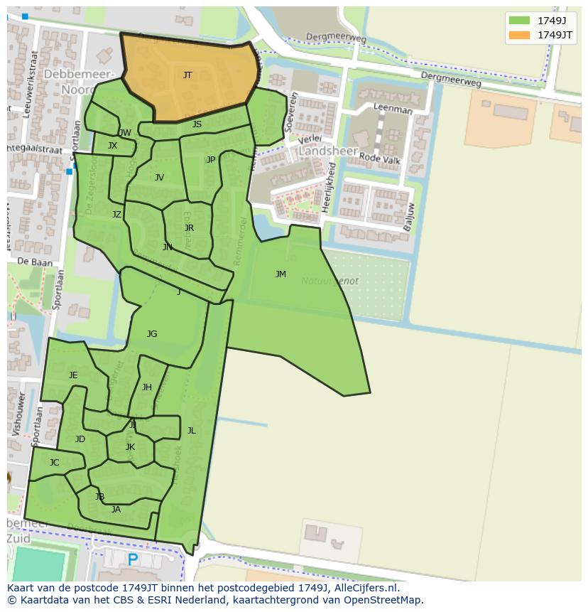 Afbeelding van het postcodegebied 1749 JT op de kaart.